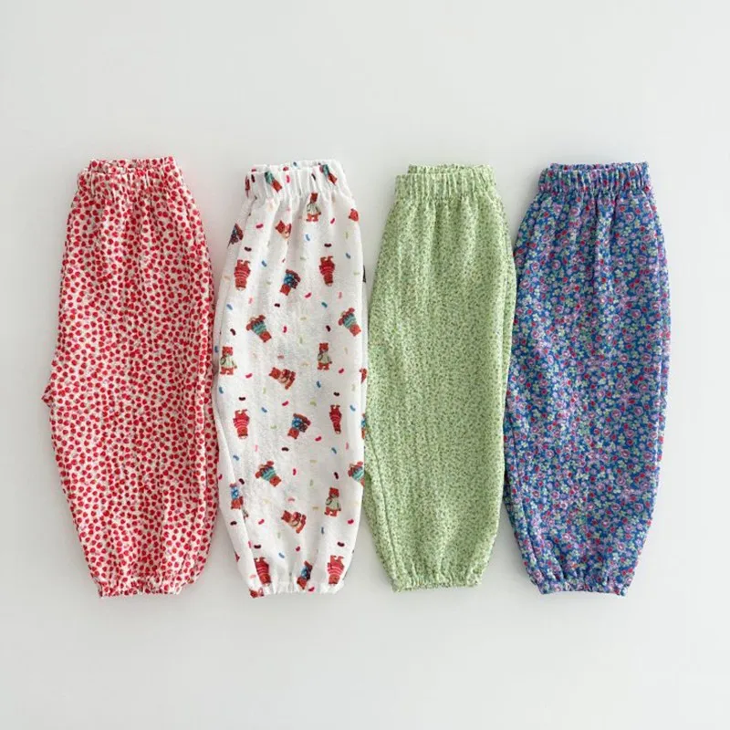 

Ins Summer Baby Cartoon Bear Casual Unti-mosquito Pants Girl Children Floral Print Thin Fashion Trousers Kid Boy Cotton Pants