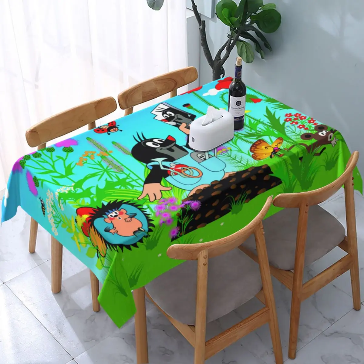 

Rectangular Oilproof Happy Mole Krtek Table Cover Fitted Cartoon Little Maulwurf Table Cloth Backed Edge Tablecloth for Dining