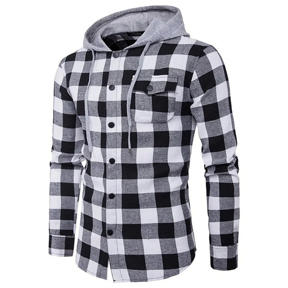

Long-sleeved Hooded Plaid Shirt with Pockets Mens Harajuku Shirts