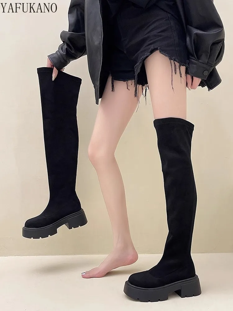 Сапоги женские замшевые на платформе повседневные эластичные сапоги выше колена