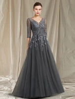 gray mother of the bridalgroom wedding party dress 2022 avondjurken v neck tulle lace long evening formal gowns robe de soriee