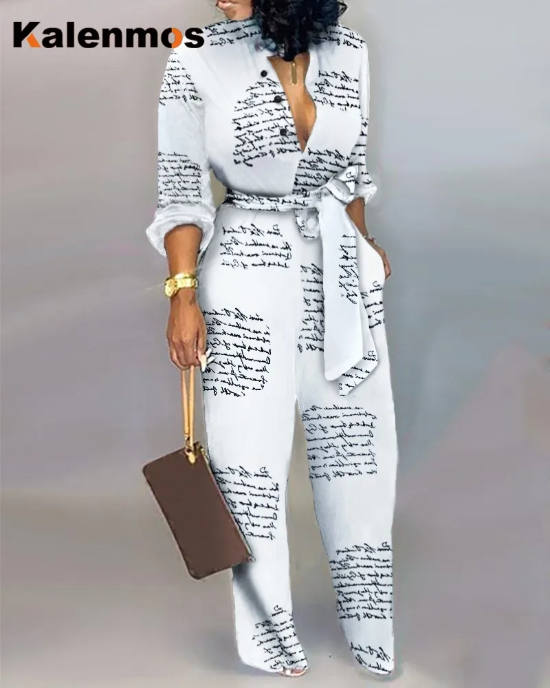 

Women Jumpsuit Letter Print Pocket Design Bodysuit Knotted Work Elegant Long Overalls Rompers Spring Summer Party Night Evening