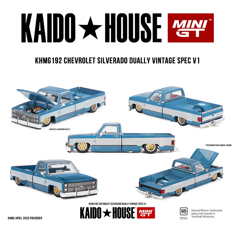 Готов к отправке: Модель автомобиля Kaido House MINIGT, литая под давлением, масштаб 1:64, Chevrolet Silverado Dually Vintage Spec V1 с открывающимся капотом, артикул KHMG 192. (art.: 3920cd9ca5c99) - 3920cd9ca5c99