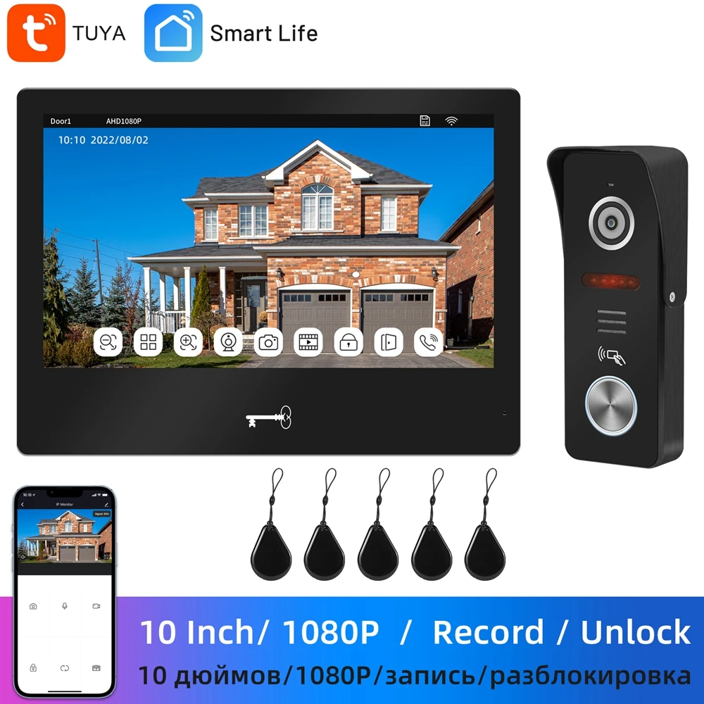 Indomita Tuya Smart Home WiFi Intercom System,Outdoor Video Doorbell Camera 1080P Wired,10 Inch Touch Screen,Talk,Record,Unlock