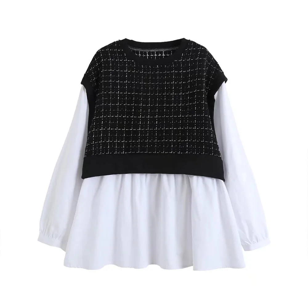 

2022 Women New Sweet Fashion Textures splicing Blouses Vintage Long Sleeve O Neck Female Shirts Chic Tops