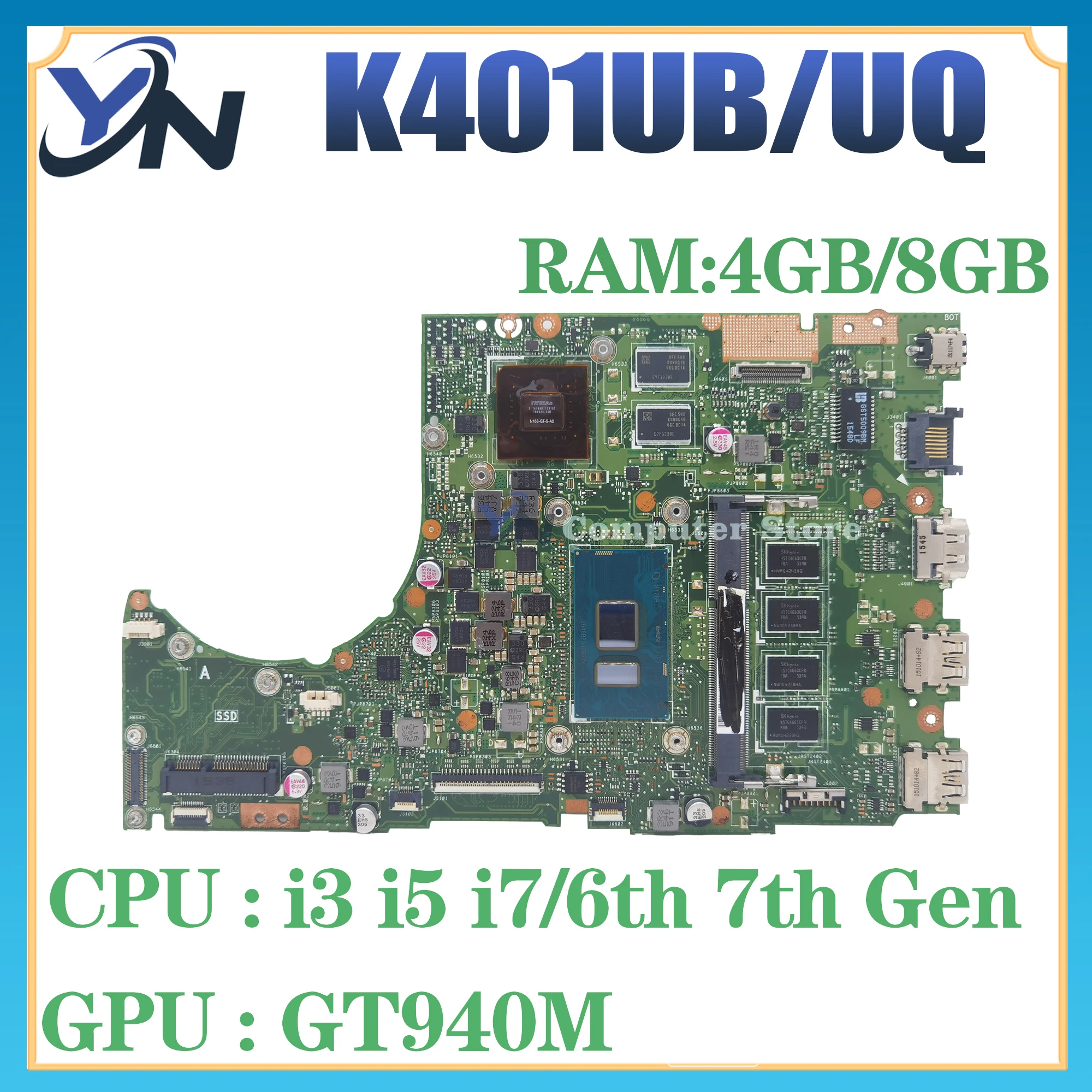 

K401UB Laptop Motherboard For ASUS K401U A401U K401UQK A401UQ V401UQ V401U Mainboard With 4GB/8GB RAM I3 I5 I7 6th 7th Gen