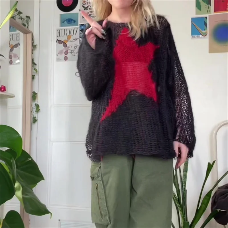 

Женский свитер в стиле Харадзюку, с круглым вырезом и вырезами