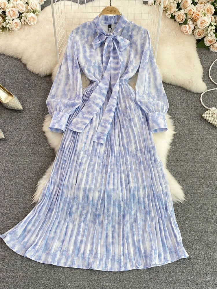 

Aibeautyer New Casual Summer Floral Print Slim Full Lady Dress A Line O Neck Chiffon Pullover Mid-Calf High Waist Women Dresses
