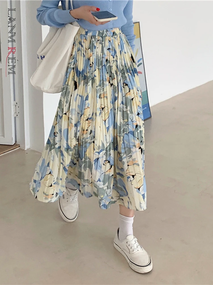 LANMREM Floral Skirts High Waist Thin Medium Long Chiffon Printed Pleated Long Skirt For Women 2023 Spring Summer New 2R1165