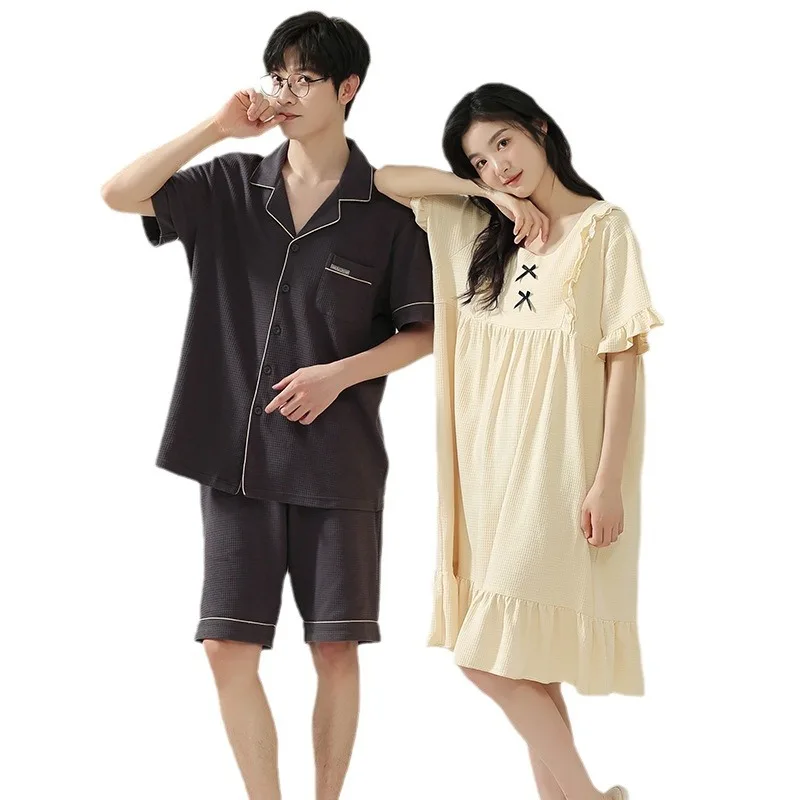 Summer Couple Pajamas Simple Casual Pure Cotton Walf Checks Short Sleeves Skirt Homewear Suit Outerwear Popular Style |