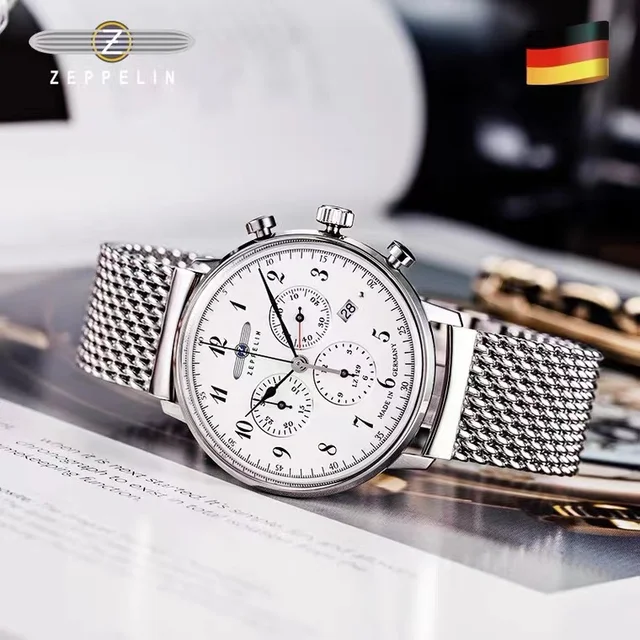 Zeppelin German men's and women's watches Waterproof leather belt Business casual quartz men's three eye multi-function watch 1