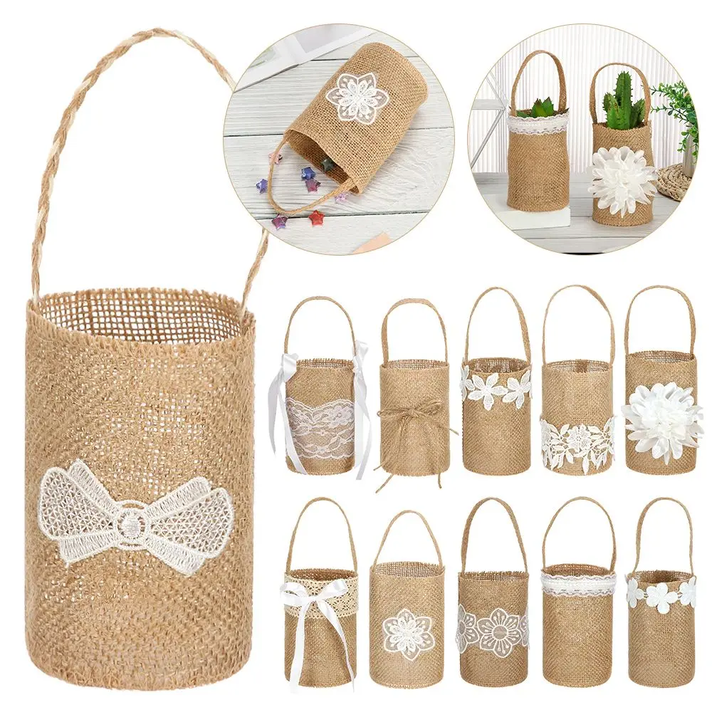

Lace Vintage Linen Handle Retro Candy Gift Bag Wedding Ceremony Flower Girl Basket Burlap Flower Basket