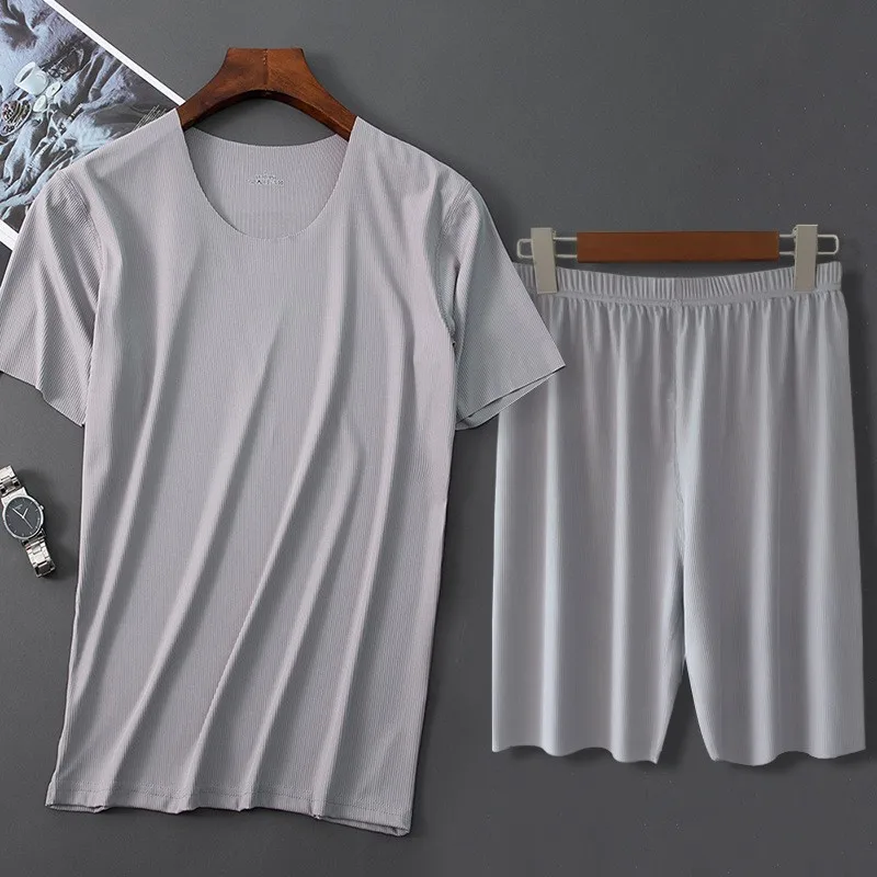 

Men Ice Silk Pajamas Solid Shirt&Pant 2PCS Pijamas Sleep Set Casual Male Home Clothes Summer New Pyjamas Sleepwear Nightwear