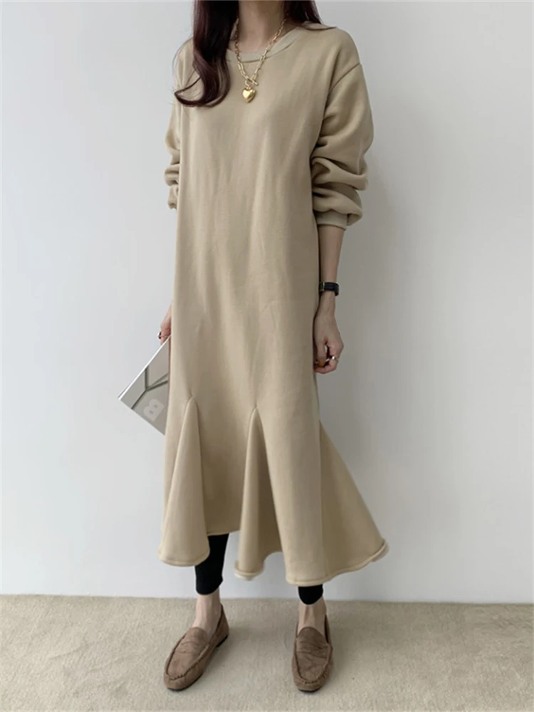 

Women Dress Sweater Women Dress Thick Winter Fall Long Sleeve Knitted Dresses Maxi Vintage Oversize Knitting O-Neck Black Gray