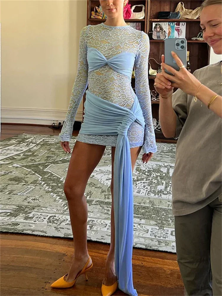 Прозрачное сексуальное мини-платье с принтом женское бандажное кружевное