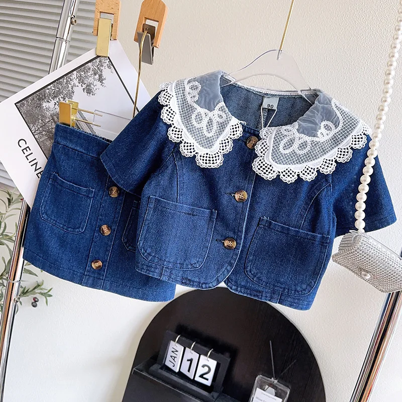 

New Summer Child Clothes Sets Short Sleeve Lace Ruffles Denim Shorts Blue 2 Piece Sets Designer Girls Clothes Sets 12M-5T