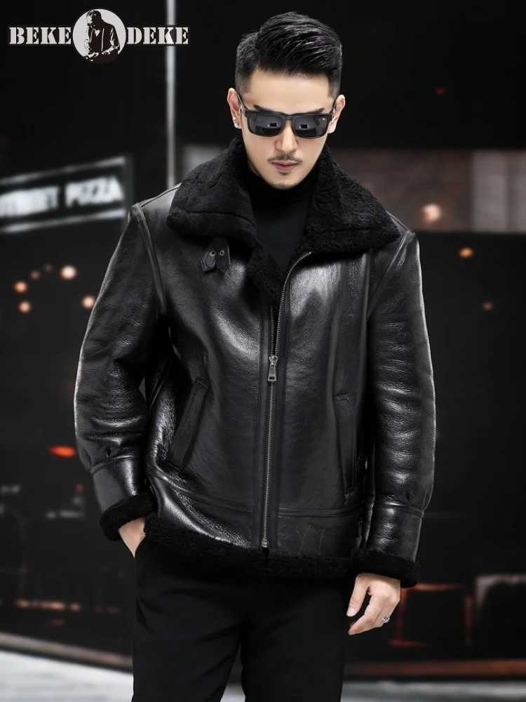 

Genuine Leather Mens Coat Original Eco Sheep Shearling Winter Thicken Warm Motorcycle Jacket Men Real Wool Fur Pilot Overcoat