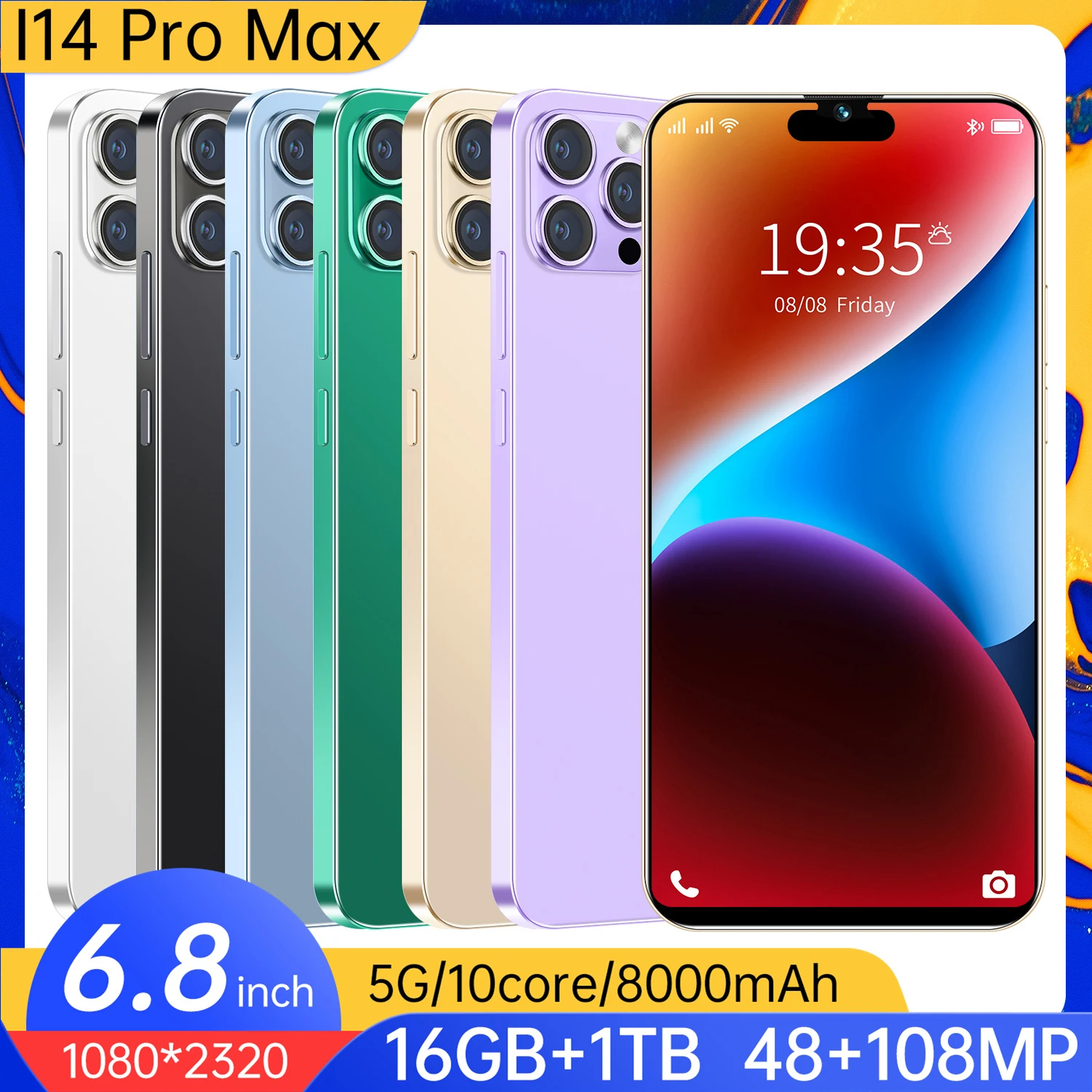 

Смартфон I14pro Max, 4G, 16 + 1 ТБ, 7800 мАч, 6,8 дюйма, Android 13
