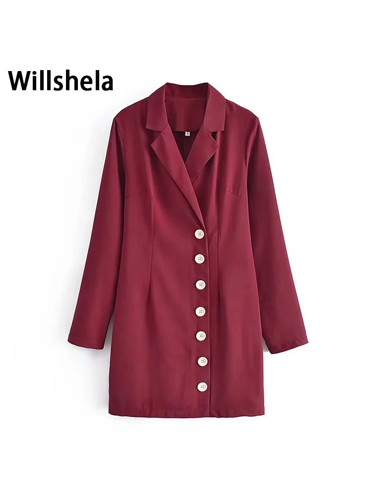 

Willshela Women Fashion Solid Single Breasted Slim Fitting Mini Dress Vintage Notched Neck Long Sleeves Female Chic Lady Dresses