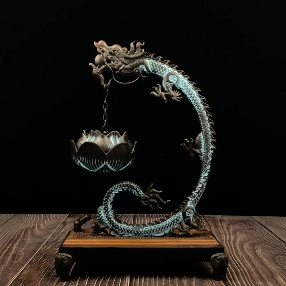 

Chinese Elaborate Bronze Sculpture Luck ‘Lotus Dragon’Incense Burner Metal Crafts Small Decorative Article Home Decoration