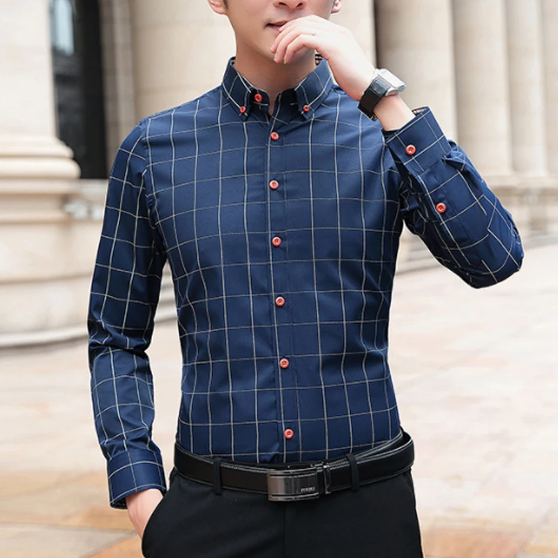 Spring and Autumn New Men's Shirts Long Sleeve Plaid Anti-Wrinkle Comfortable Fashion Cotton Fitted Business Casual Slim Shirts