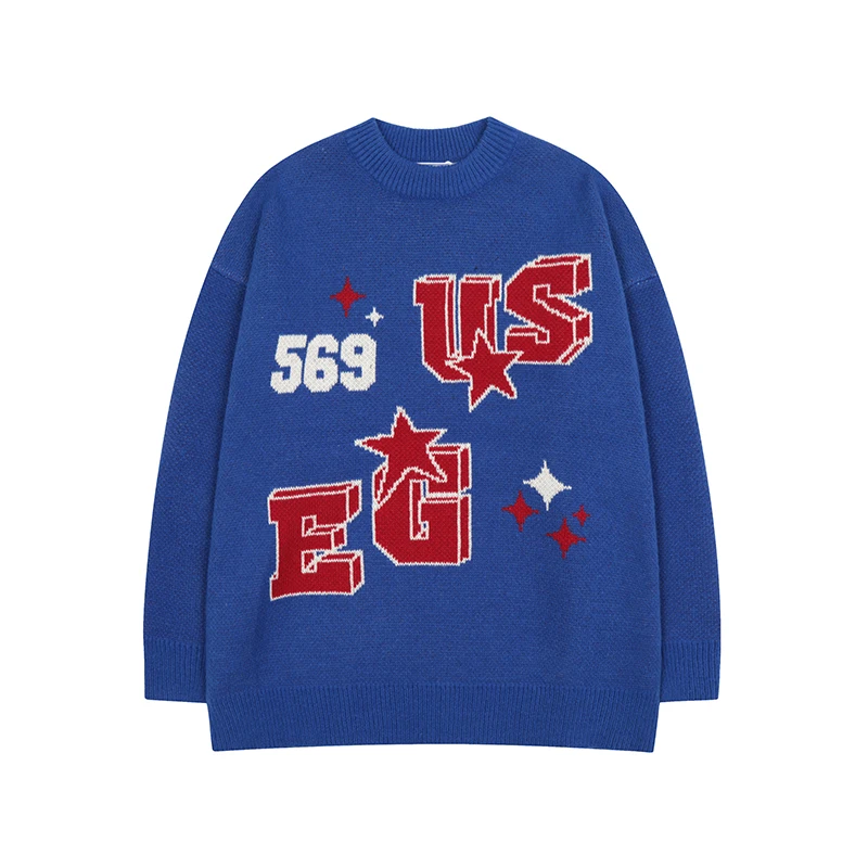 

Retro Towel Letter Embroidery Solid Color Autumn Men's and Women's Pullover Sweaters Harajuku HIp Hop Casual Knitted Clothes