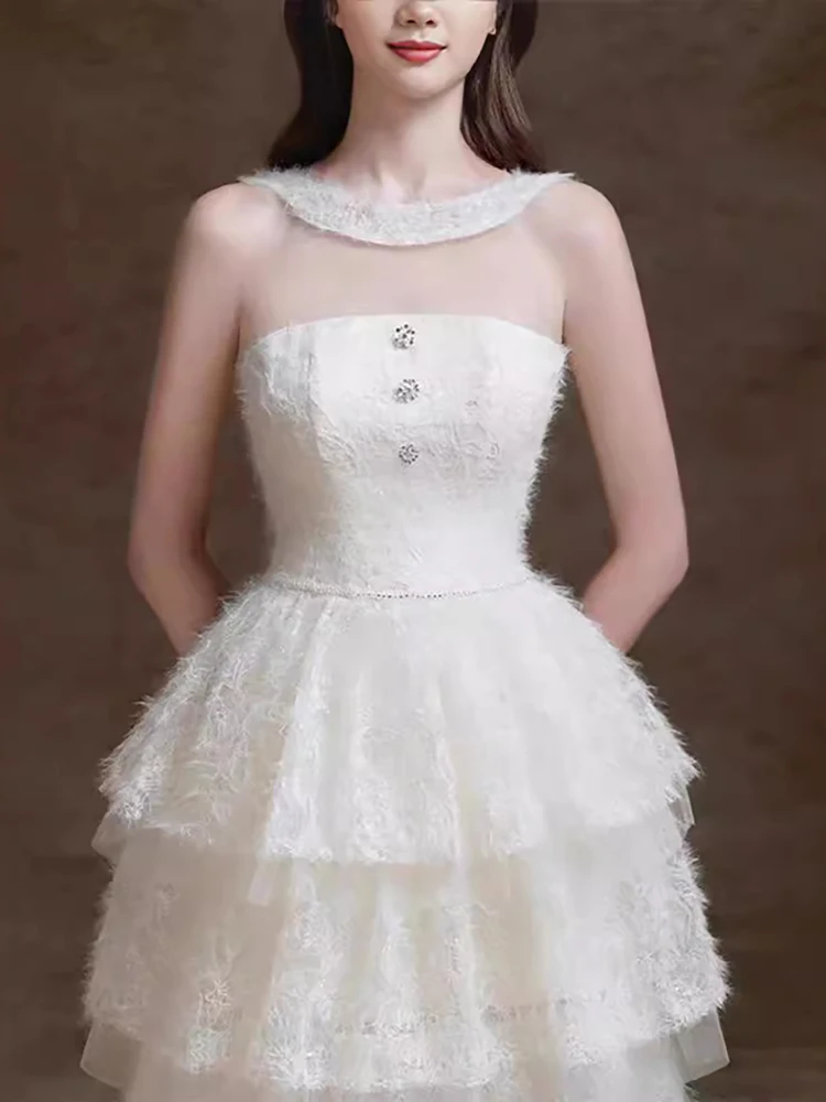 Женское платье без рукавов DEAT элегантное газовое с вышивкой круглым вырезом и