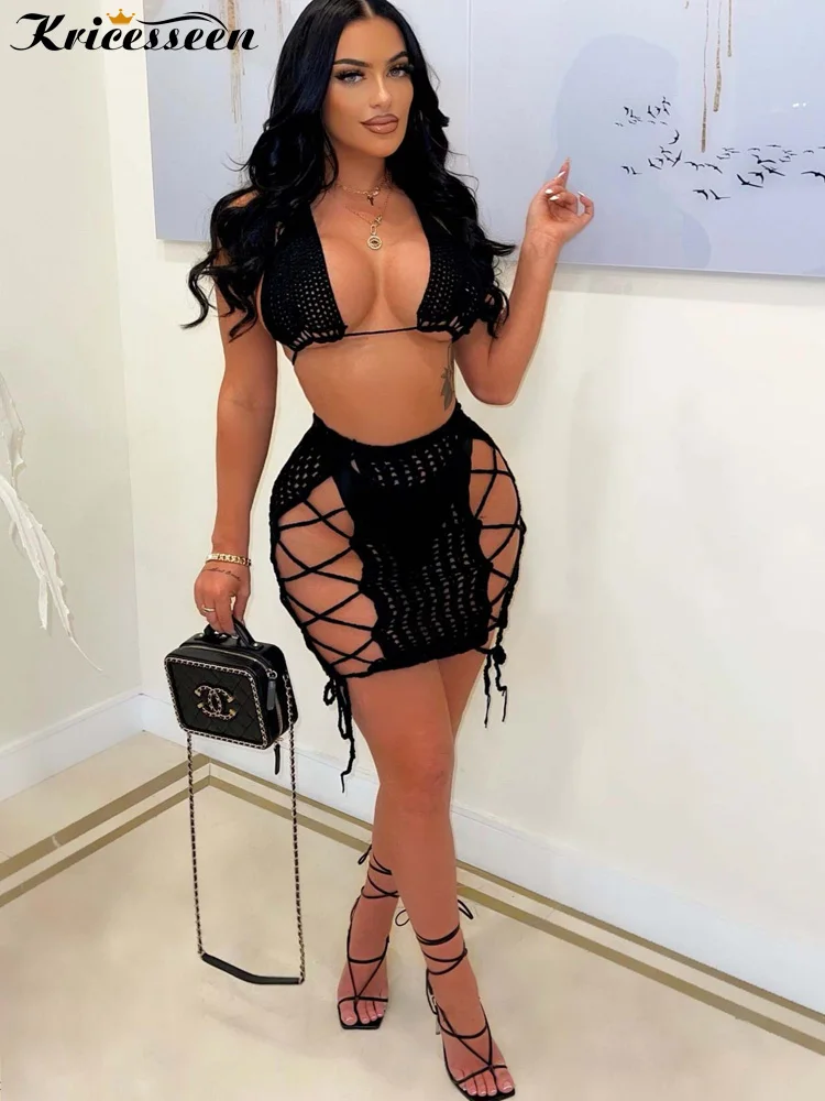 

Kricesseen сексуальный черный вязаный бандажный комплект с ажурной юбкой, женский бюстгальтер с открытой спиной и мини-юбка на шнуровке, Клубная...