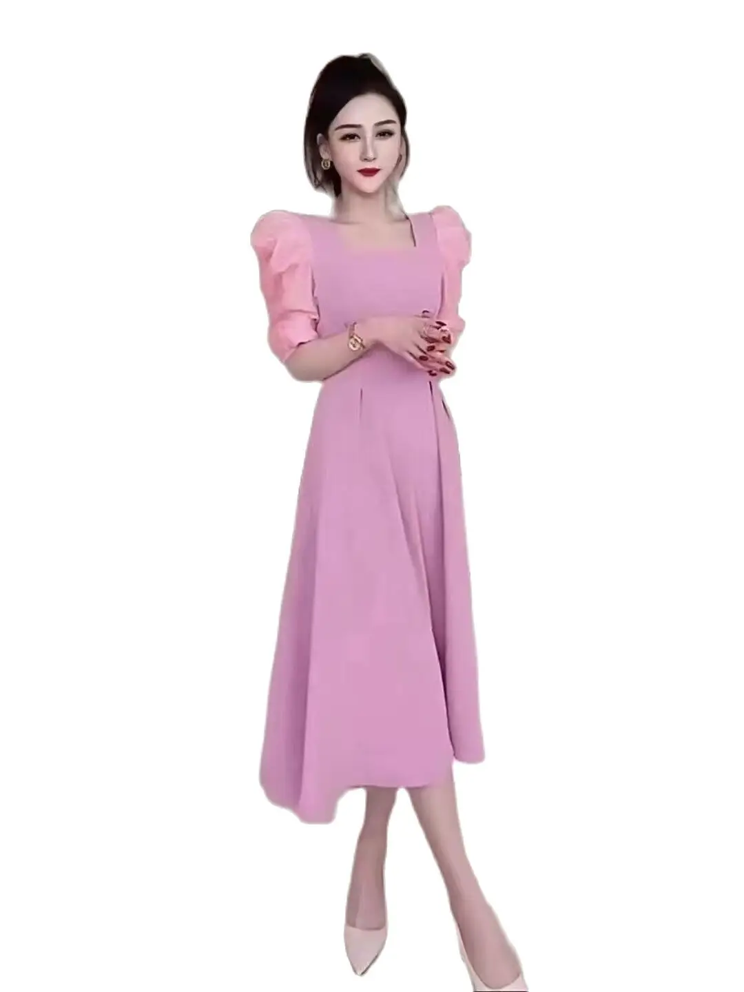 

Pink Light Luxury Thin Dress Summer Square Neck Puff Sleeve Mid-Length Dress