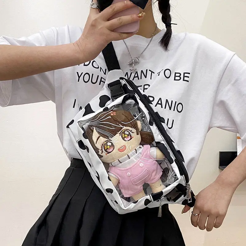 

Cow pattern Baby bag chest bag female fire new Japanese JK Harajuku cute vintage feeling oblique cross soft girl transparent bag