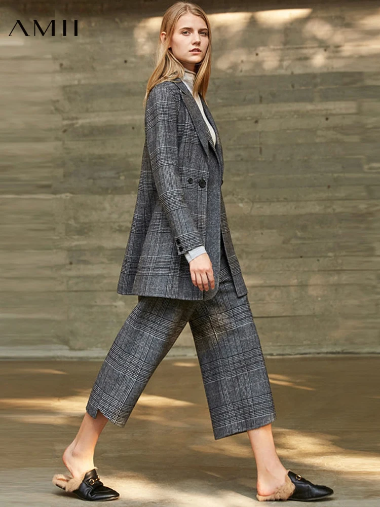 

Amii Minimalism Women's Suit Pants Fashion Plaid Loose Wide Leg Pants Office Lady Calf Length Pants Female Bottoms 11820113