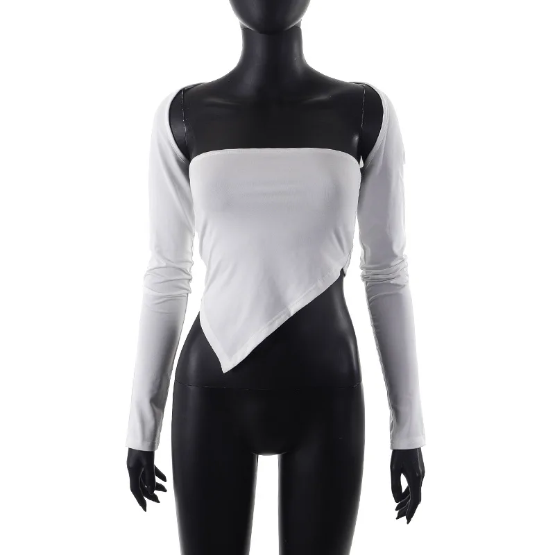 European And American Style Women's Summer New Clean Color Long Sleeved Shawl One Shoulder Wrap Chest Hot Girl Top