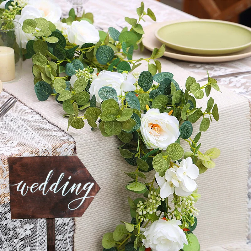 

Eucalyptus Garland with Flowers Natural Looking simulation roses Wedding Decor Table Party Indoor Outdoor Backdrop Wall Decor
