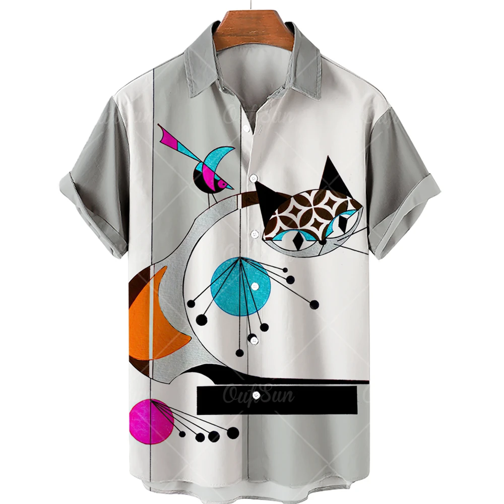 Men's Short Sleeve Shirt Loose Casual Shirt Cute Kitten Print Hawaiian Style Summer Beach Shirts