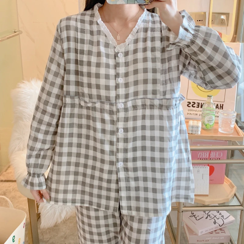 Women 4XL Confinement Clothes Nursing Pajamas Cotton Plaid V-Neck Button Suit Grid Suit Autumn Thin Breastfeeding Sleepwear Set