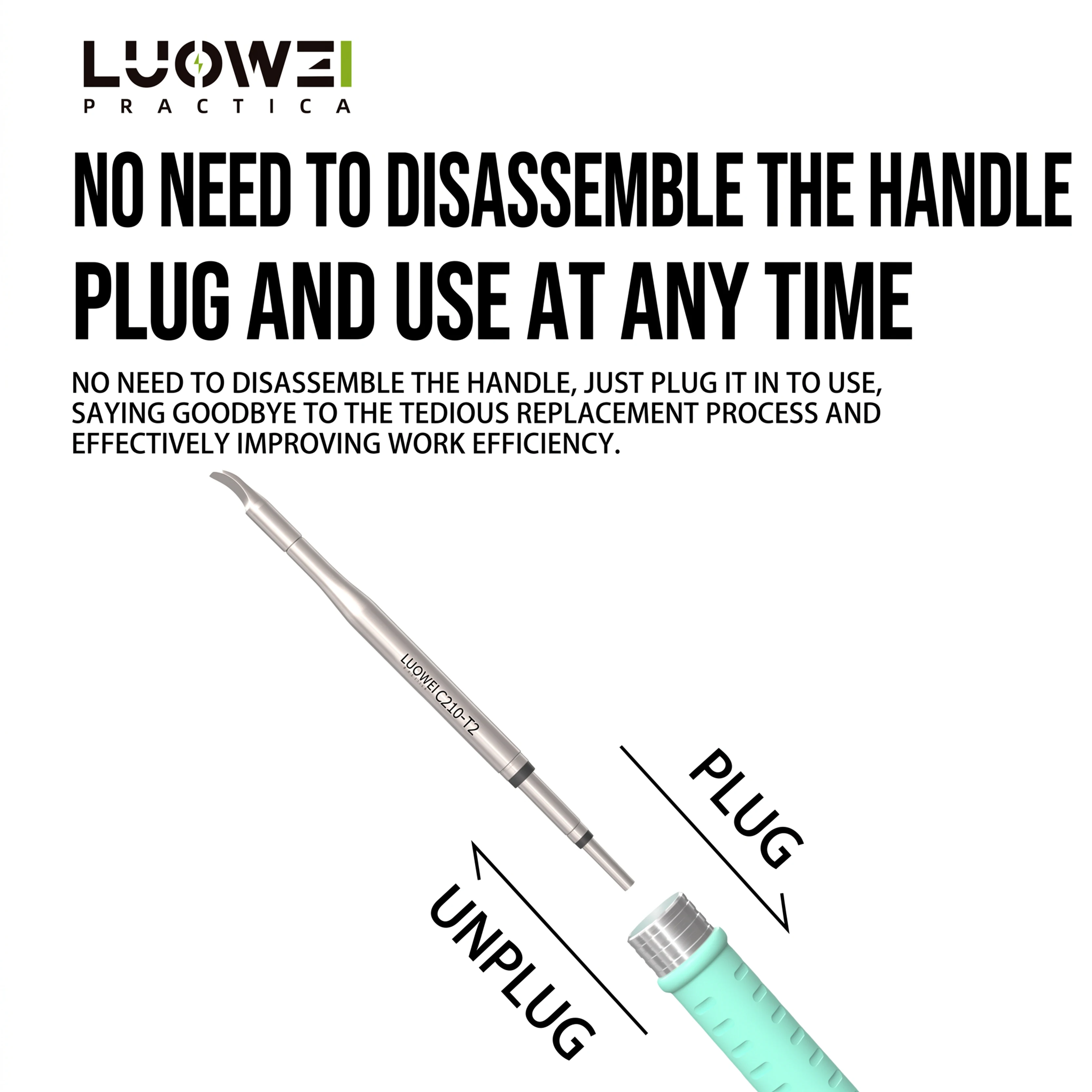 Фото Паяльное жало LUOWEI C210-T2 с изогнутым наконечником, быстрое нагревание, устойчивость к окислению, для ремонта телефонов, сменный аксессуар для паяльника. №3