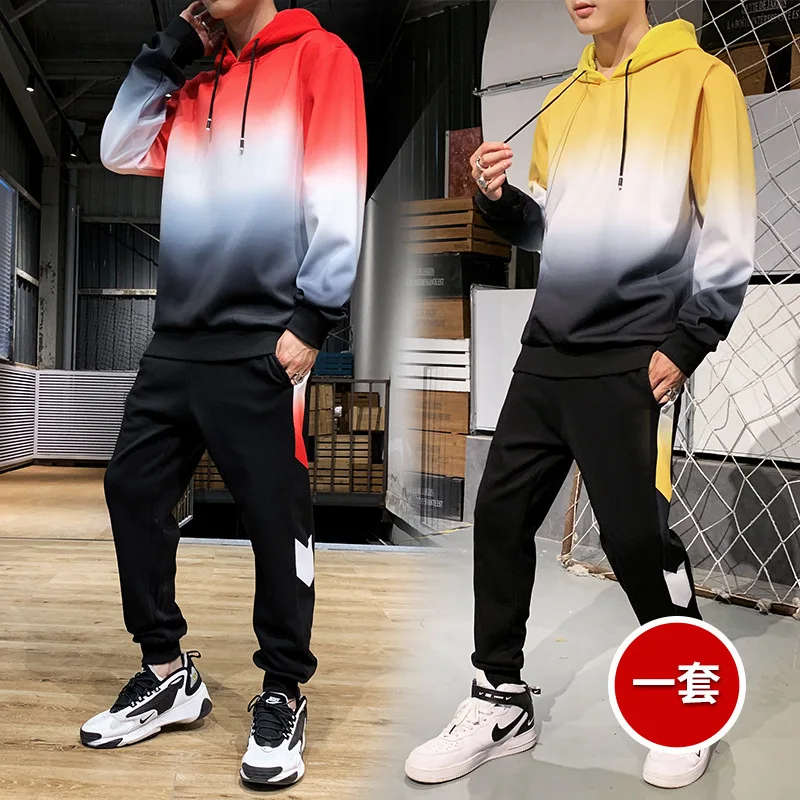 Men Tracksuit Sets Spring Autumn New Gradient Color Design Hooded Sweater+Pants 2-Piece Youth Running Sportswear Suit