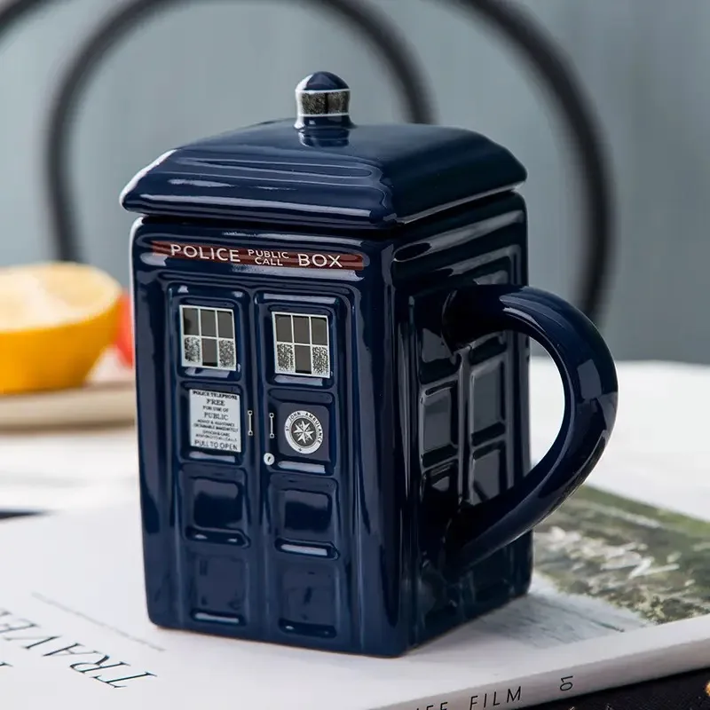 

Doctor Who Tardis Creative Police Box Mug Funny Ceramic Coffee Tea Cup With Spoon Gift Box In Blue and Milk Drinks Breakfast Cup