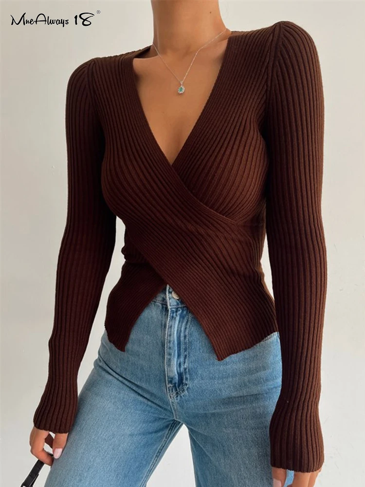 

Mnealways18 трикотажная футболка с длинным рукавом, топ, женские сексуальные топы с запахом, Женская Весенняя уличная одежда 2023, женская футболка...