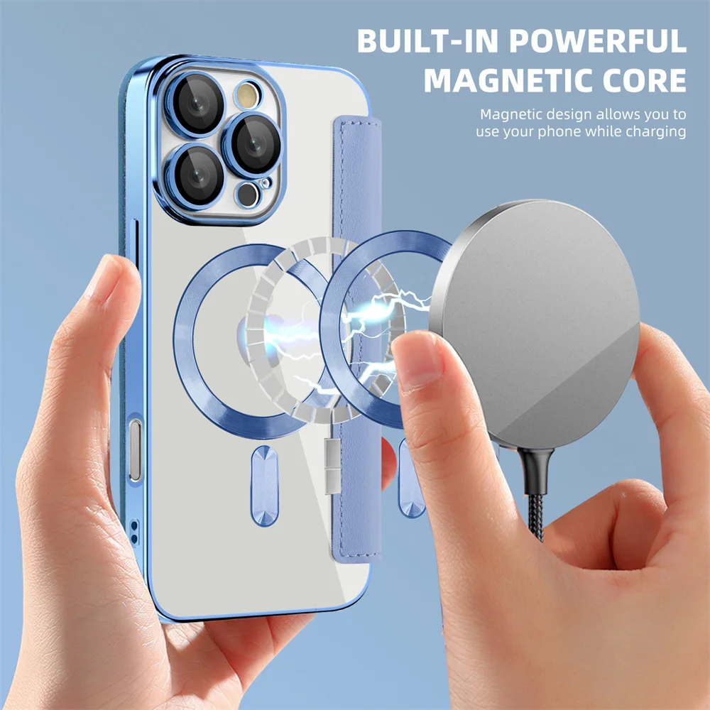 Роскошный прозрачный кожаный флип-кошелек Магнитный чехол для телефона iPhone 15 16 Pro