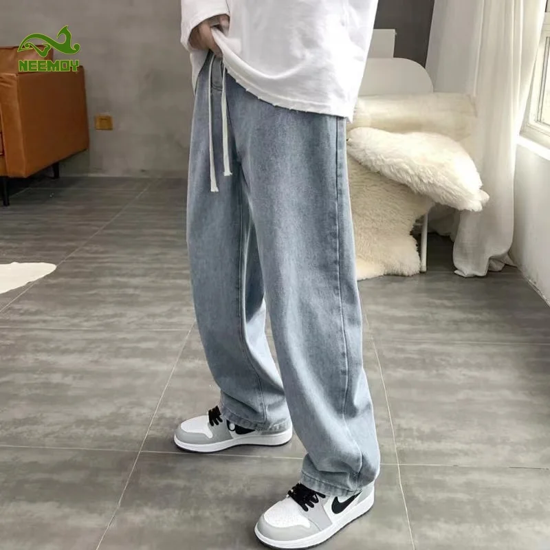 Neemoy Casual Baggy Jeans Men's Korean Fashion Wide Leg Pants High Street Casual Loose Trousers Male Clothing Light Blue