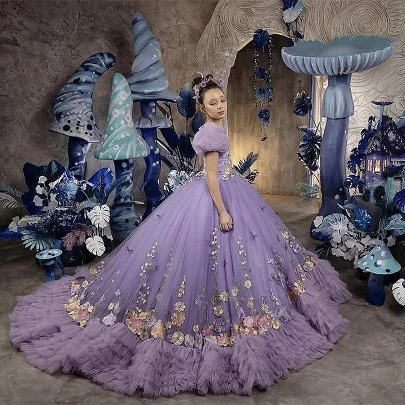 Лавандовые платья с цветочным узором для девочек на свадьбу цветочной