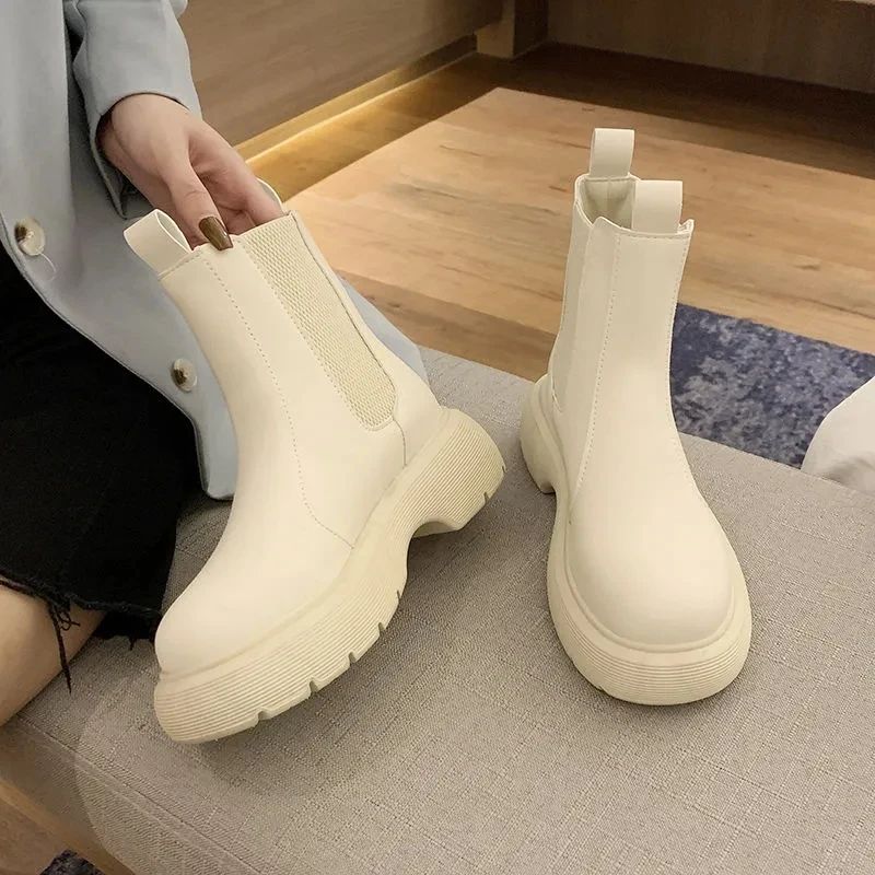 Autumn Winter New Boots Female Mid Calf Boots Ladies Fashion Casual PU Booties Women Boots Slip on Flats Platform Woman Boots