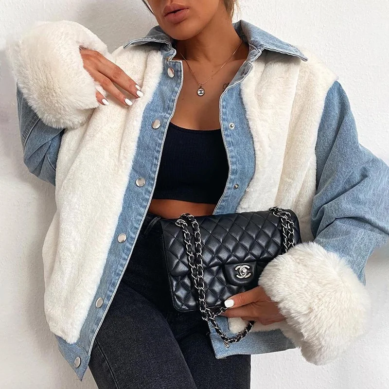 Fashion Warm Fleece Denim Patchwork Coat Jacket Ladies Autumn and Winter Casual Loose Long-sleeved Jacket Streetwear Crop Jacket