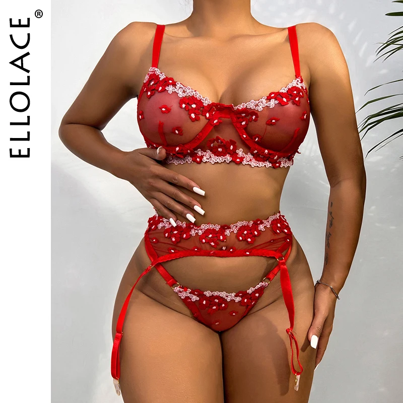 

Ellolace Applique Women's Underwear Lingerie Set Sexy Underwear Set Bra with Bones 3 Piece Set Transparent Exotic Lingerie Sexy