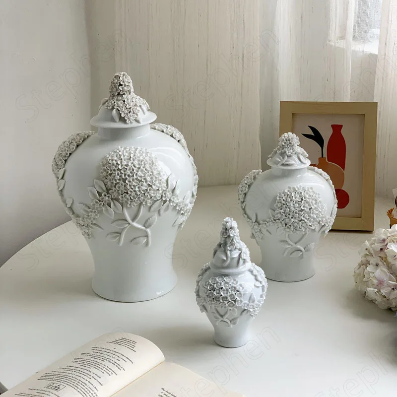 

Creativity Three-dimensional Relief Craft Vase European Classical Ceramic White Dried Flowers Vases Home Living Room Decoration