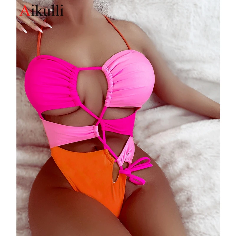 

2023 New Sexy Cut Out One Piece Swimsuit Women Splice Swimwear Summer Swim Beach Female High Leg Monokini Bodysuit Bathing Suits