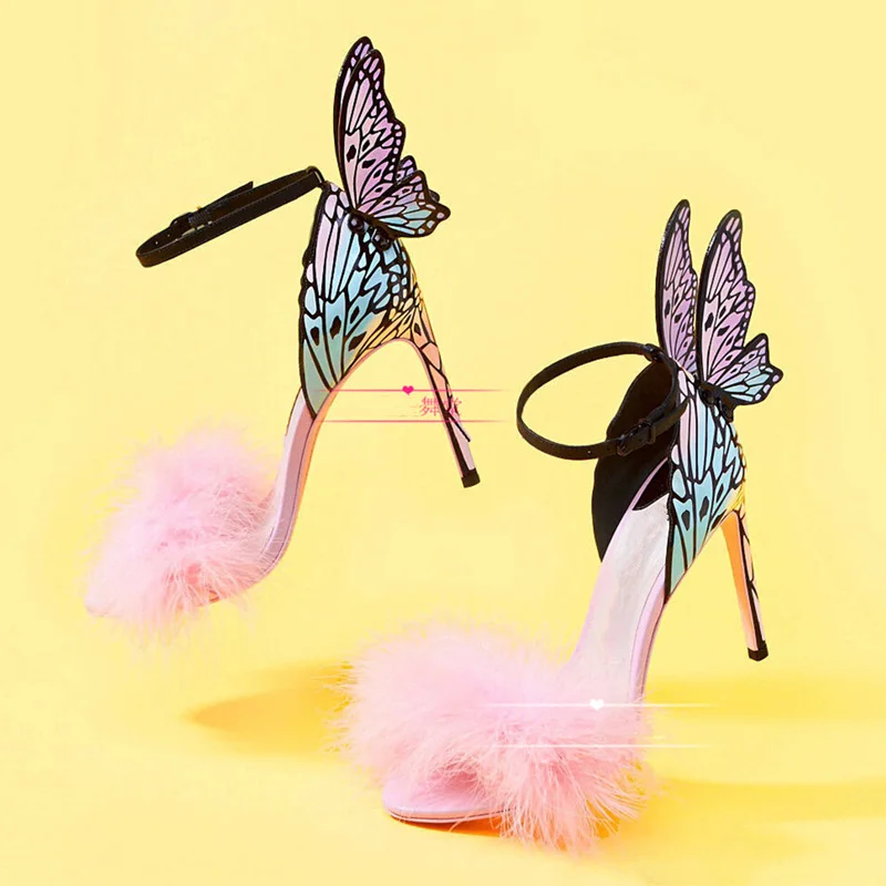 

Luxury Shoes Women Designers Butterfly Wings Fur Summer Sandals 10CM High Heels Gladiator Sandalias Peep Toe Wedding Shoes Bride