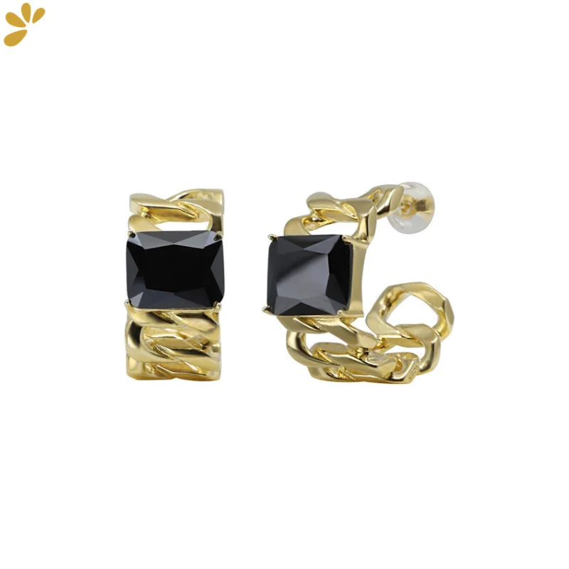

GEEZENCA 925 Sterling Silver Gold Plated Black Stone Earrings For Women 2022 New Trend Original Design Link Chain Hoop Earring