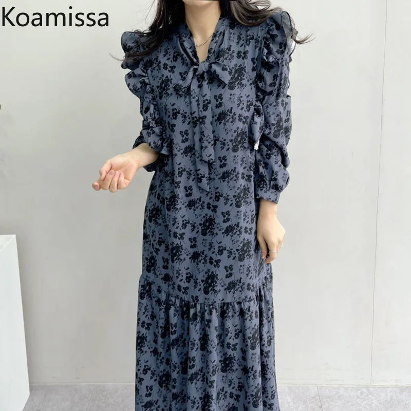 

Женское винтажное платье с цветочным принтом Koamissa, элегантное платье средней длины с V-образным вырезом и длинным рукавом, корейское платье ...